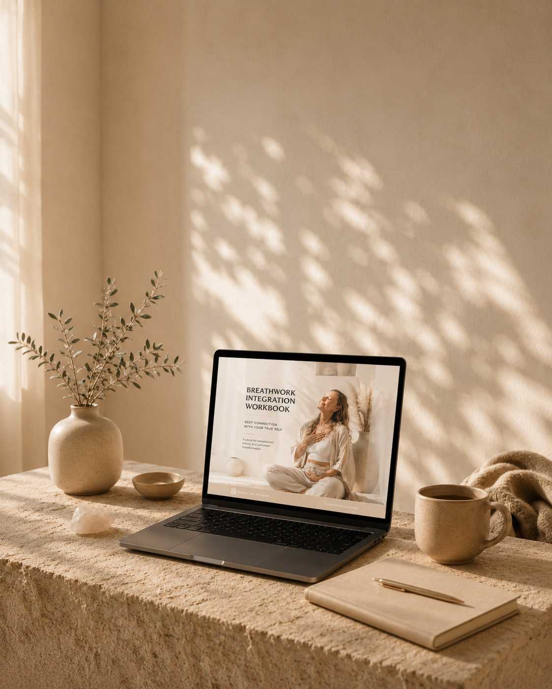 Laptop displaying a breathwork integration workbook in a warm, sunlit space